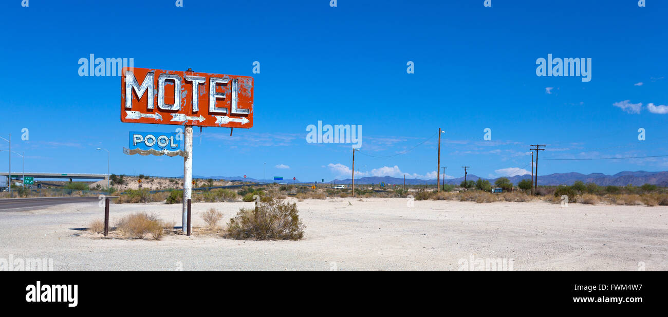 Old, abandoned motel sign in the dessert on Route 66 Stock Photo