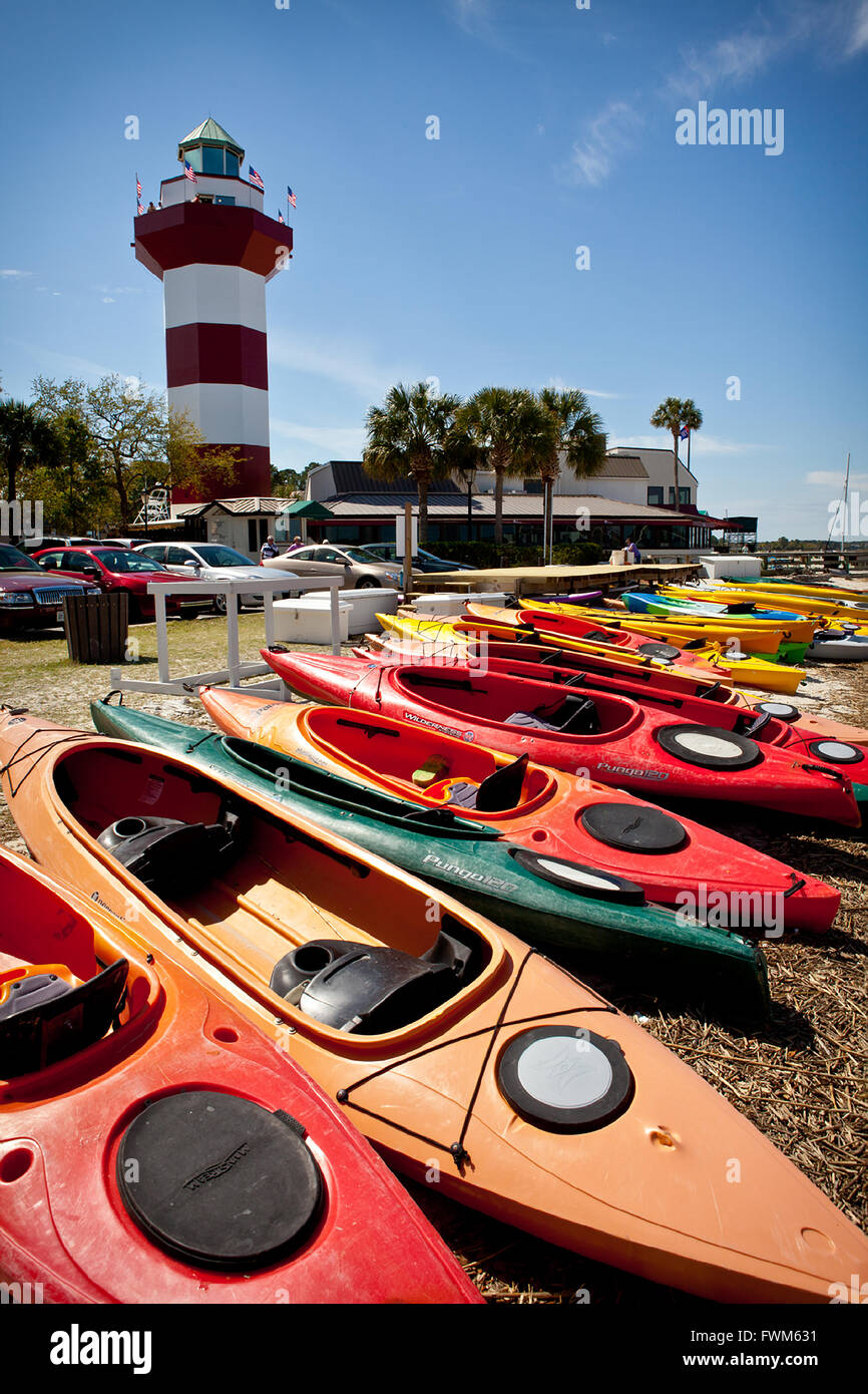 Kayaks lined up at the Harbour Town Lighthouse at Sea Pines Resort in