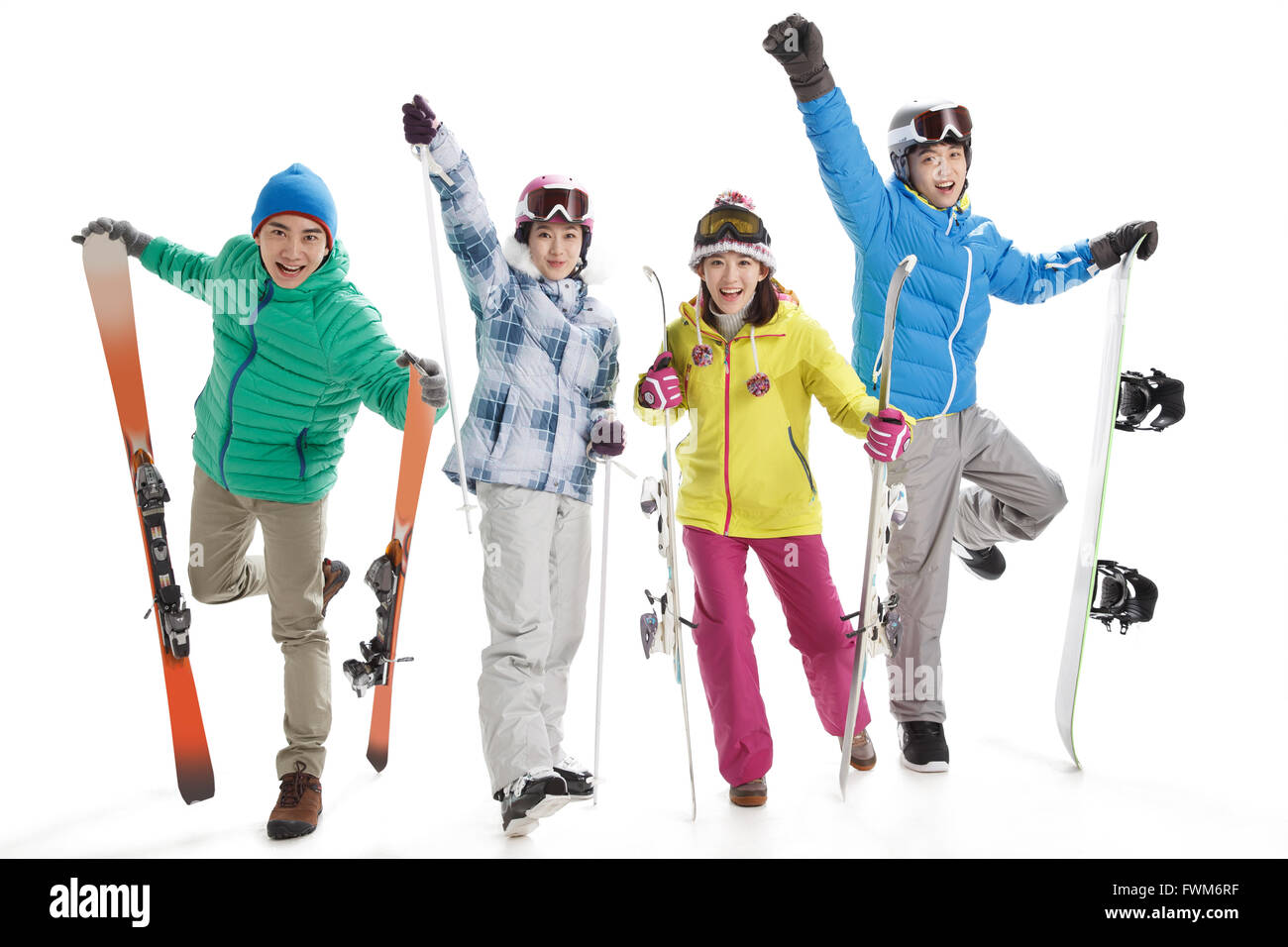 Young men and women ski Stock Photo