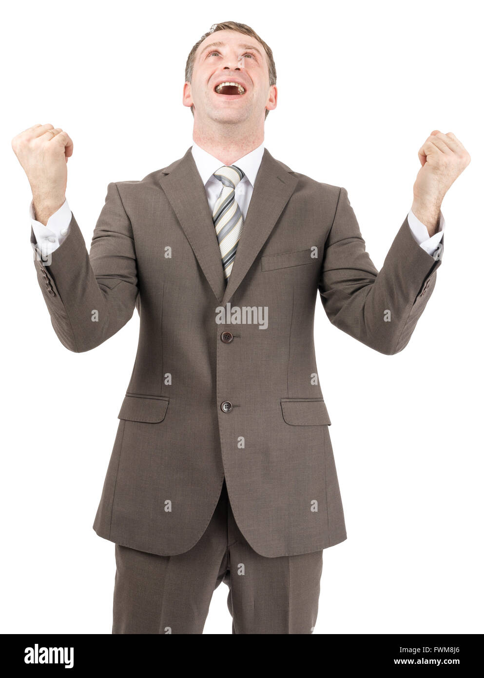 Happy businessman raised his hands up Stock Photo - Alamy