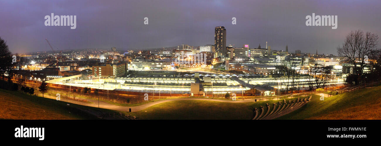 Panoramic view of Sheffield city centre at dusk, Sheffield, South Yorkshire England UK Stock Photo