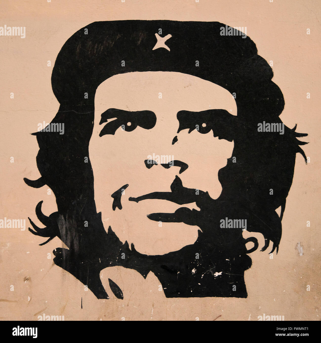 Square view of a Che Guevara mural on a wall in Cuba. Stock Photo