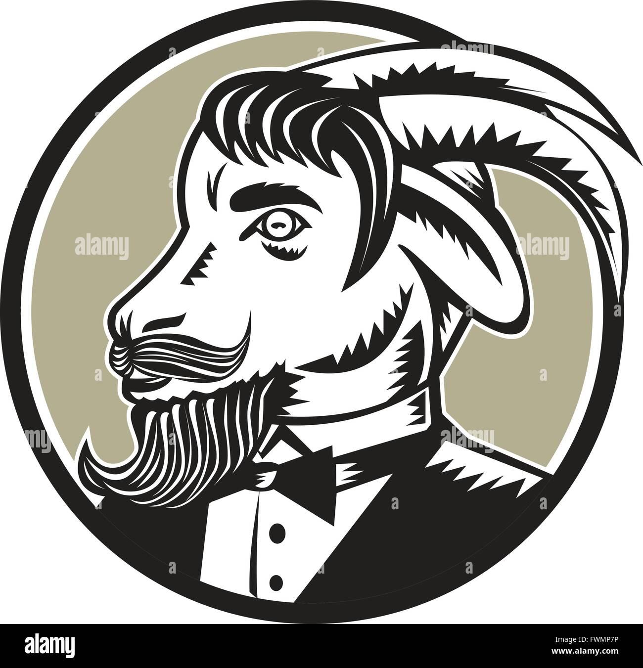 Illustration of a goat ram with big horns and moustache beard wearing tuxedo suit looking to the side set inside circle done in Stock Vector