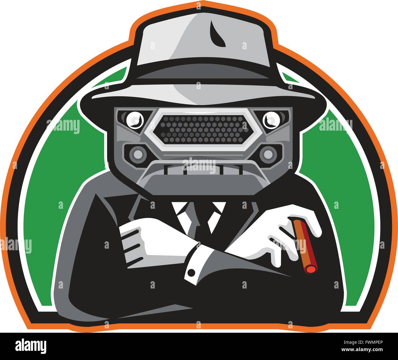Illustration of an angry mobster with car grille grill face wearing hat , tie and suit arms folded facing front set inside half Stock Vector