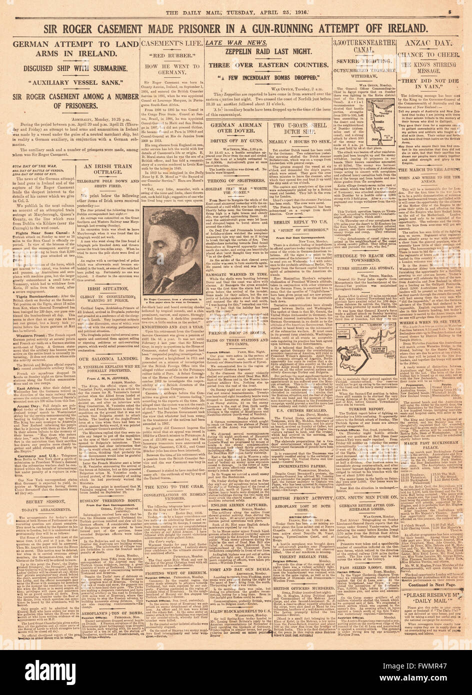 1916 Daily Mail Roger Casement arrested in Ireland for gun running Stock Photo