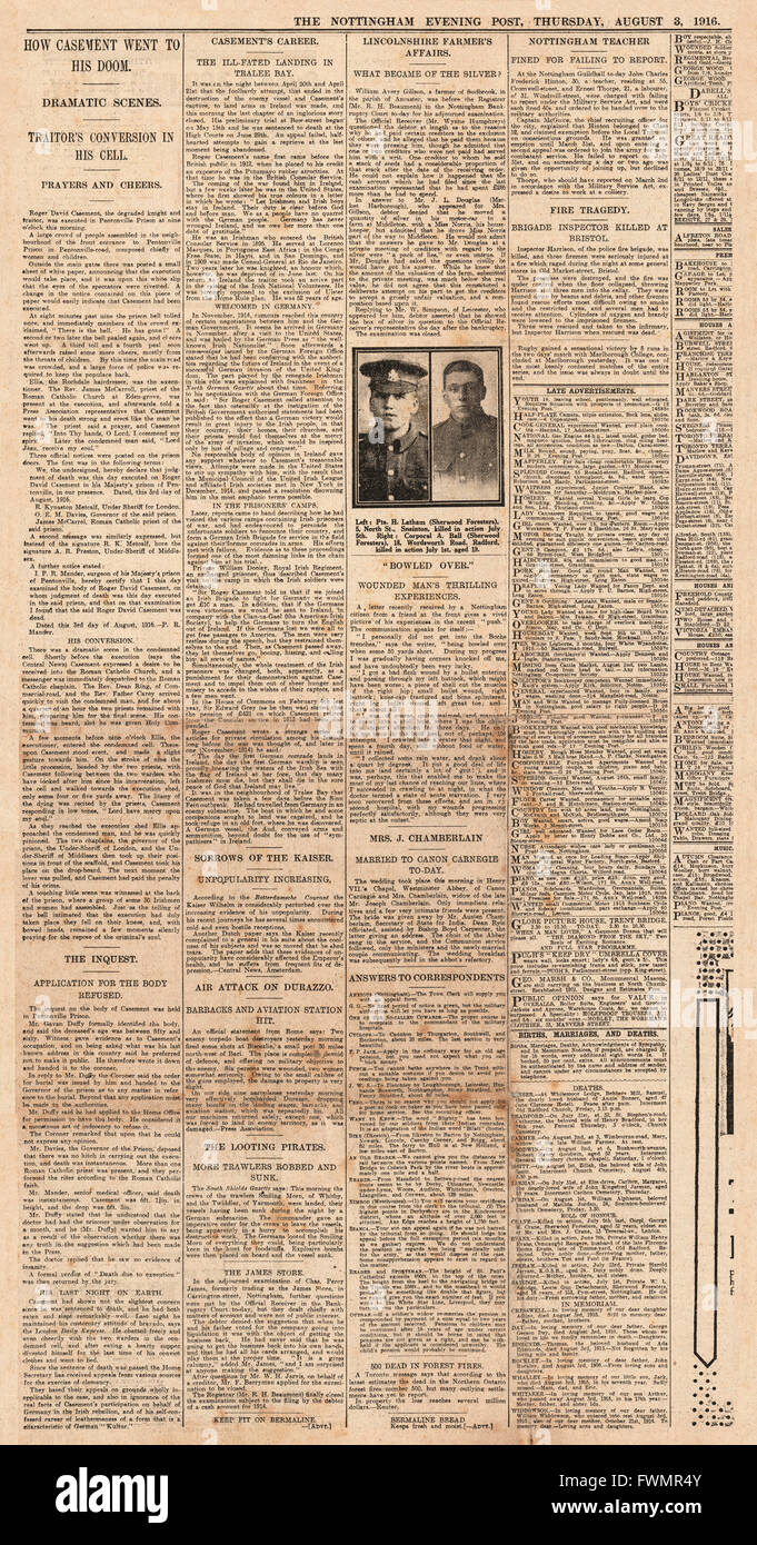 1916 Nottingham Evening Post Execution of Roger Casement Stock Photo