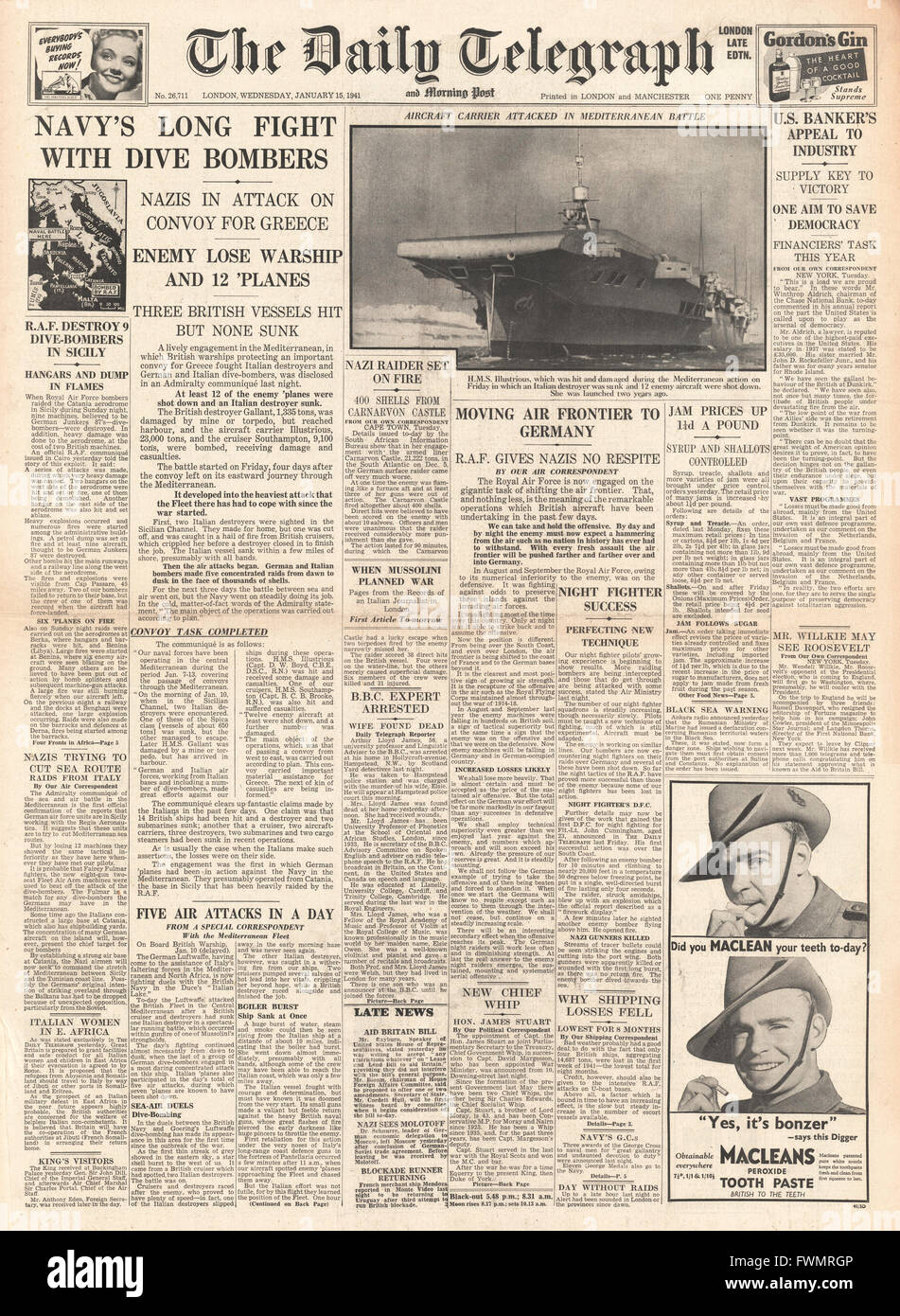 1941 front page  Daily Telegraph Royal Navy attacked in Mediterranean Stock Photo