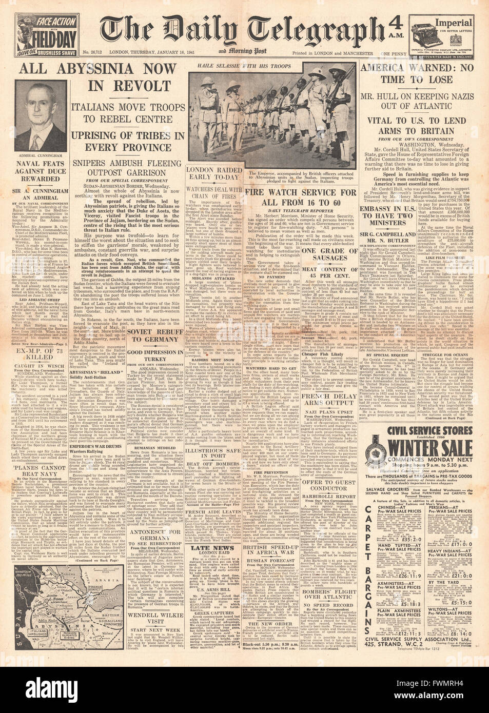 1941 front page  Daily Telegraph Abyssinia in revolt against Italians and Cordell Hull concern of German Invasion if Britain falls Stock Photo