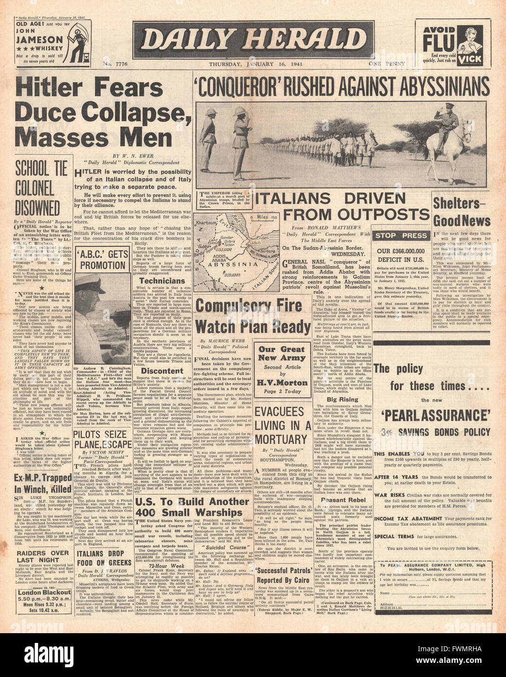 1941 front page  Daily Herald Abyssinia in revolt against Italians and Hitler fears Italian collapse Stock Photo