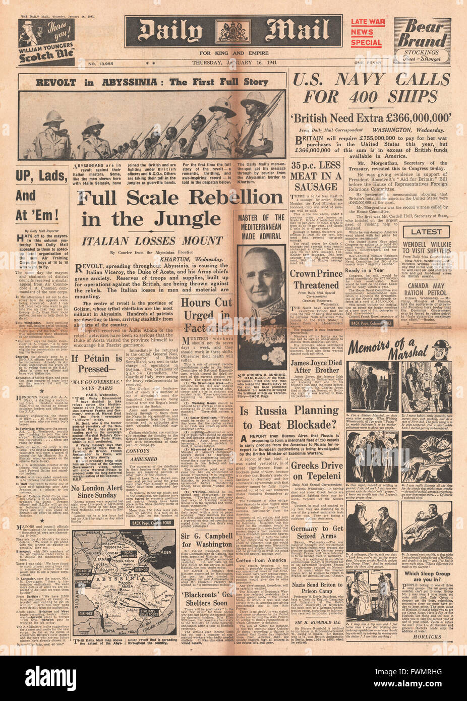 1941 front page  Daily Mail Abyssinia in revolt against Italians Stock Photo