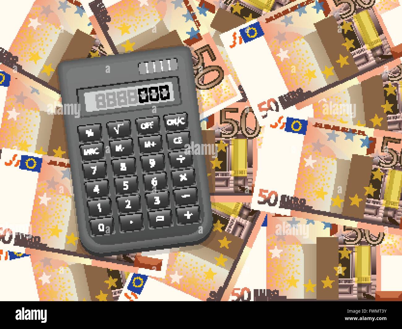 Calculator on a fifty euros background. Vector illustration. Stock Vector