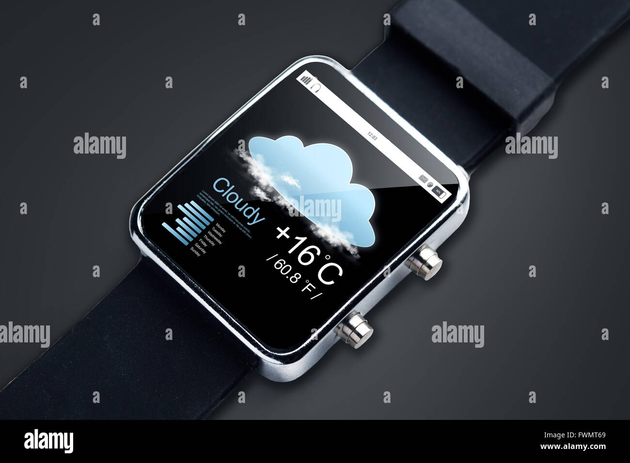 close up of smart watch with weather forecast app Stock Photo