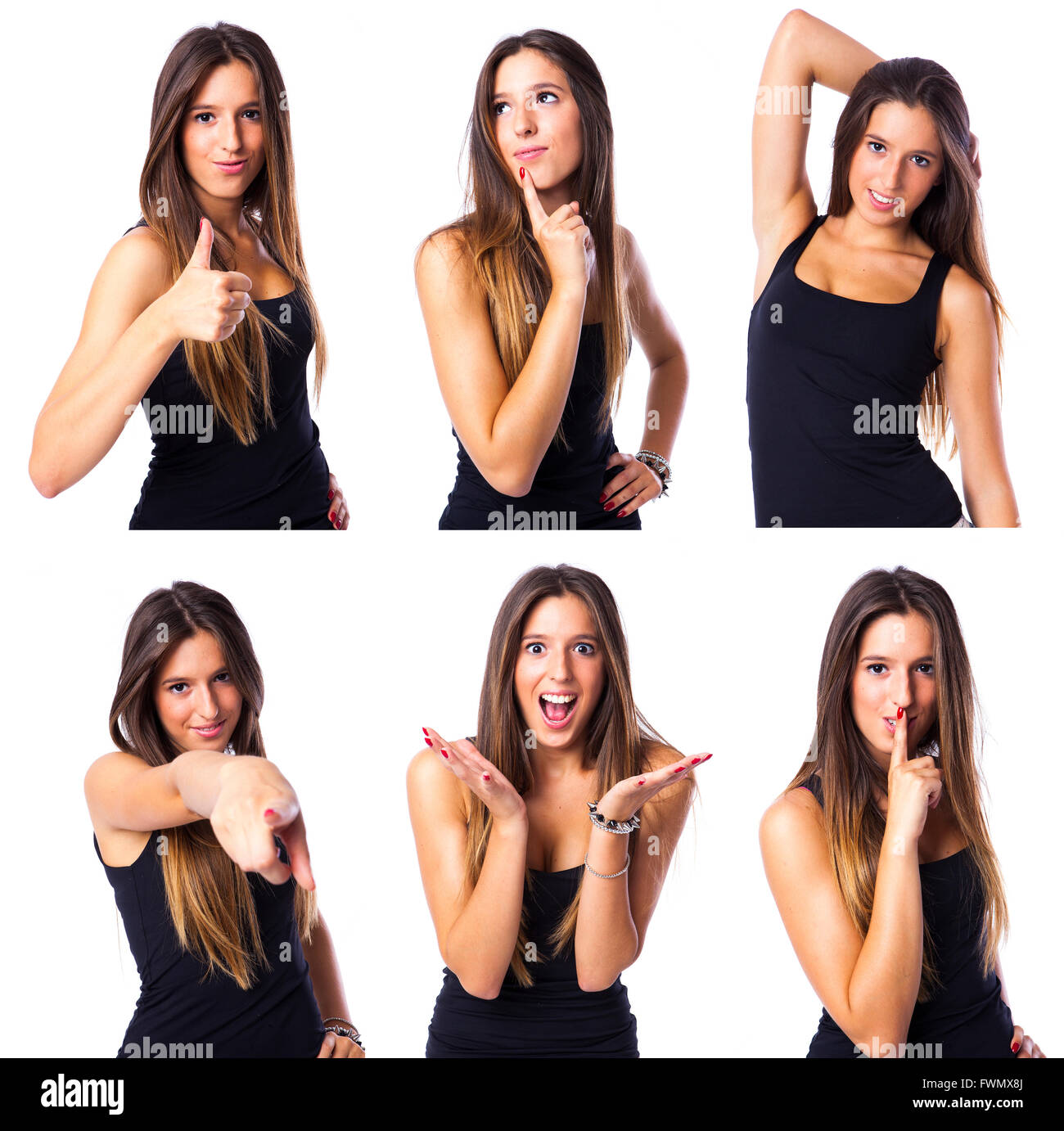 composite of a cute young woman in different expression collage Stock Photo
