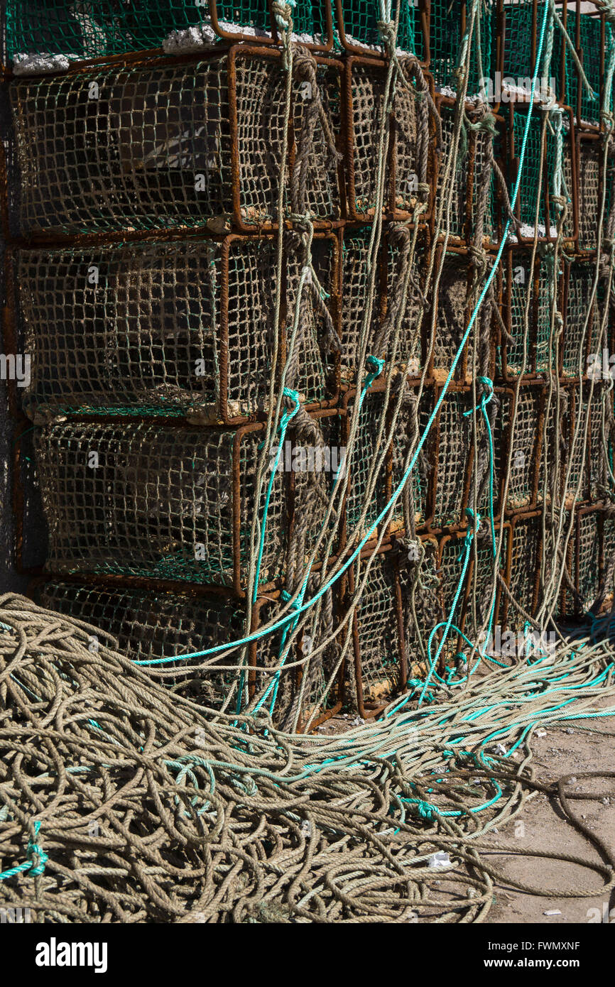 lobster pots, or creels, piled up creating a pattern. Stock Photo