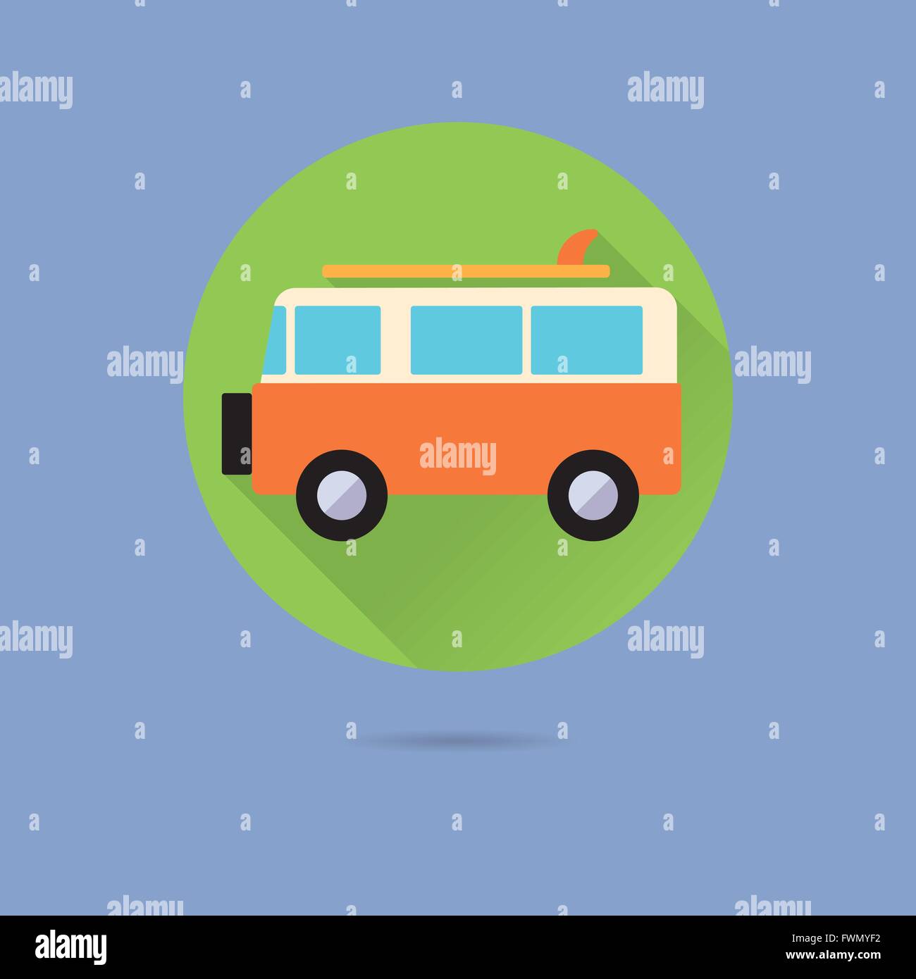 surfer van flat design long shadow vector icon in circle on pastel blue background Stock Vector