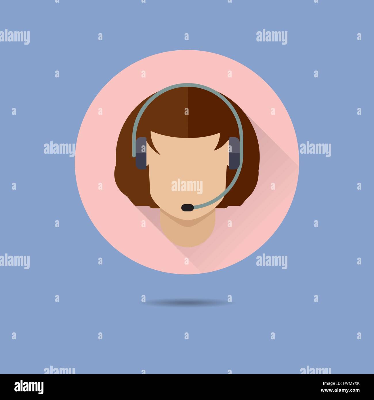 female call center agent flat design long shadow vector icon in circle on pastel blue background Stock Vector