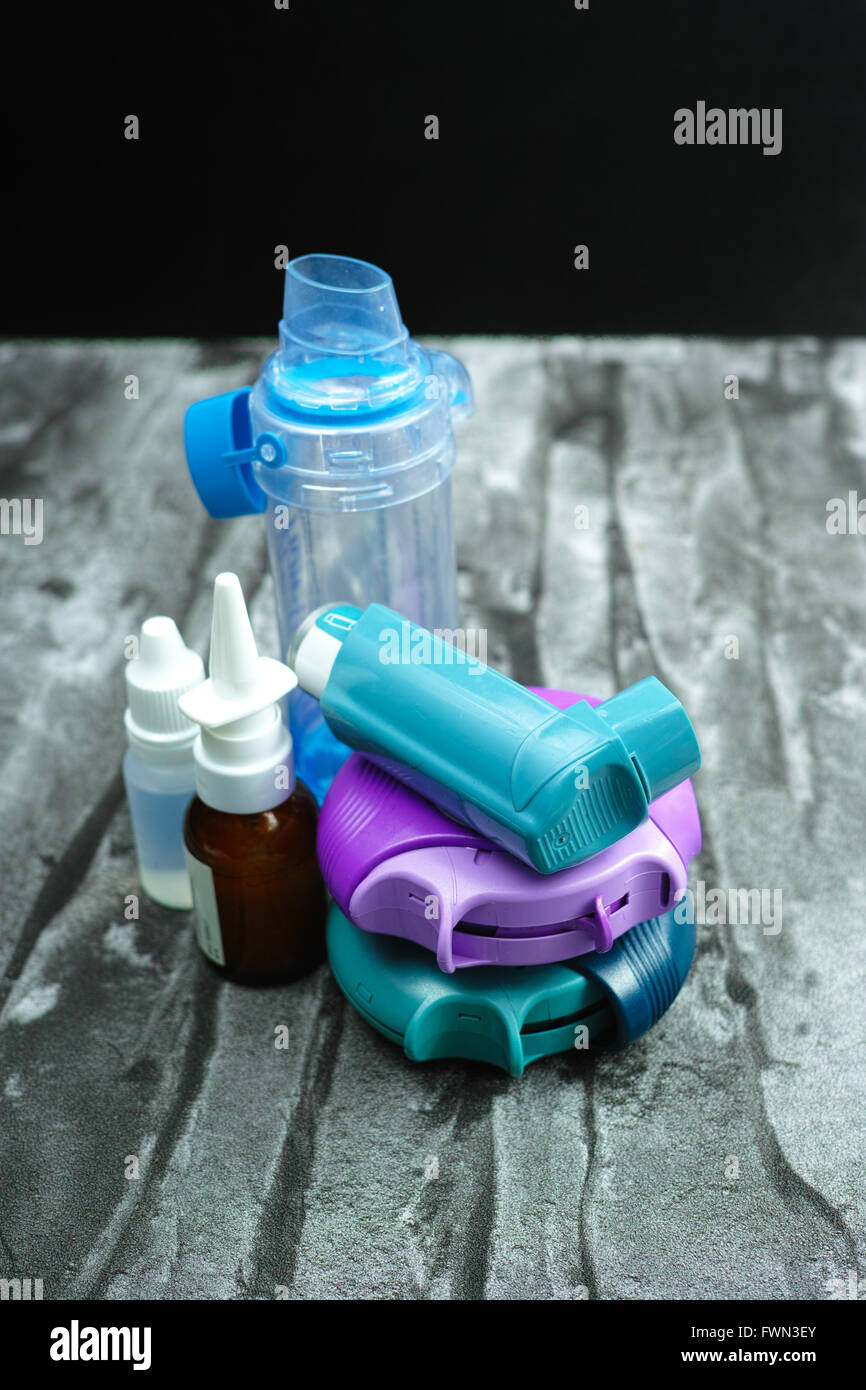 Asthma medication. Set of inhalers and medication for the treatment of