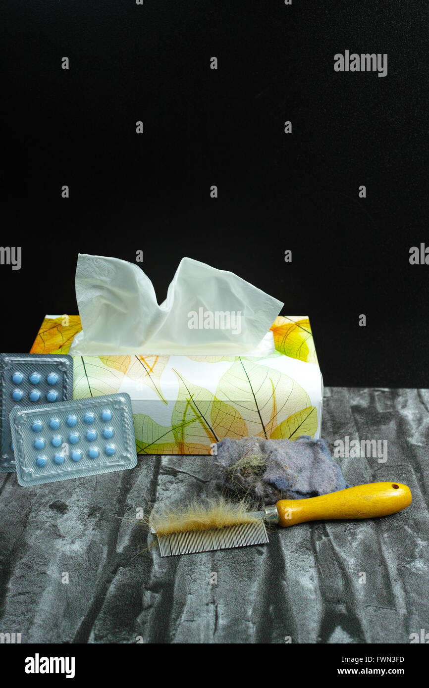 Allergy relief concept, home pets hair and dust as allergens