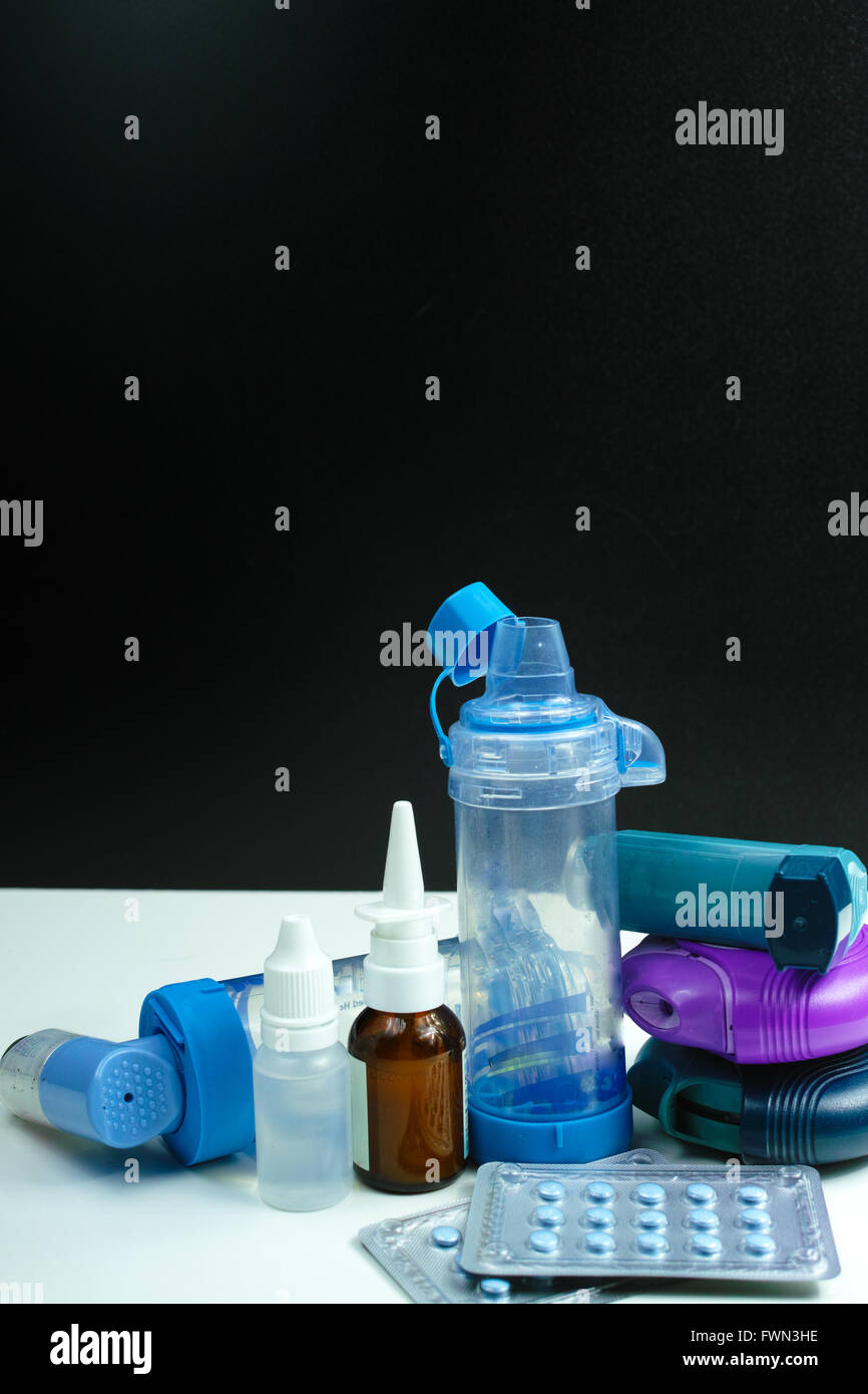 Asthma medication. Set of inhalers and medication for the treatment of