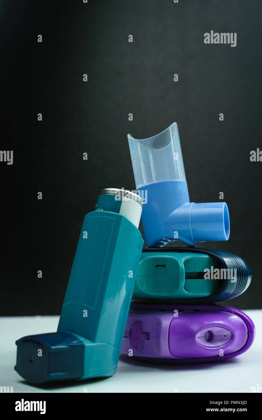 Asthma medication. Set of inhalers and medication for the treatment of