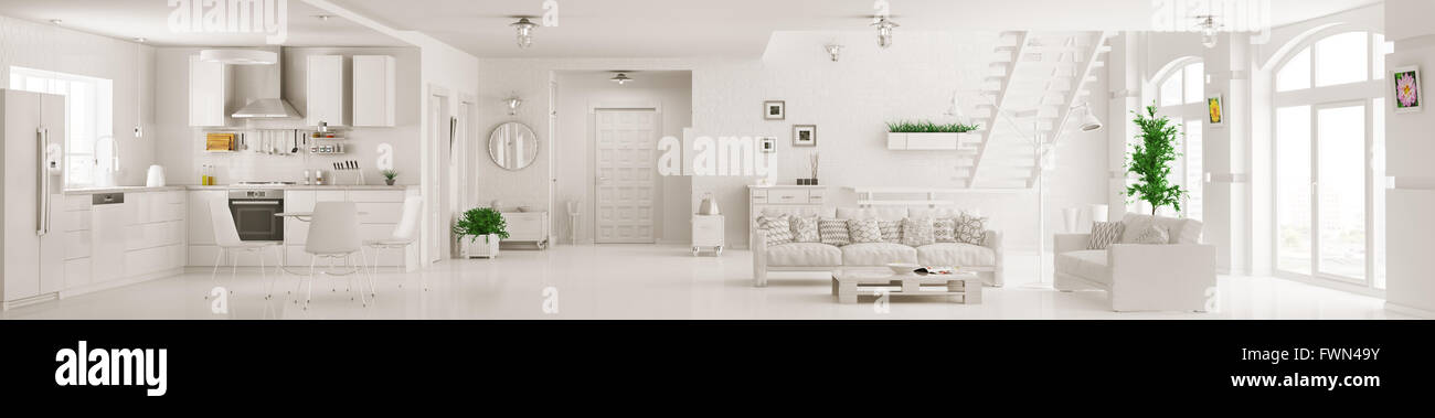 Interior of white apartment kitchen hall living room staircase panorama ...
