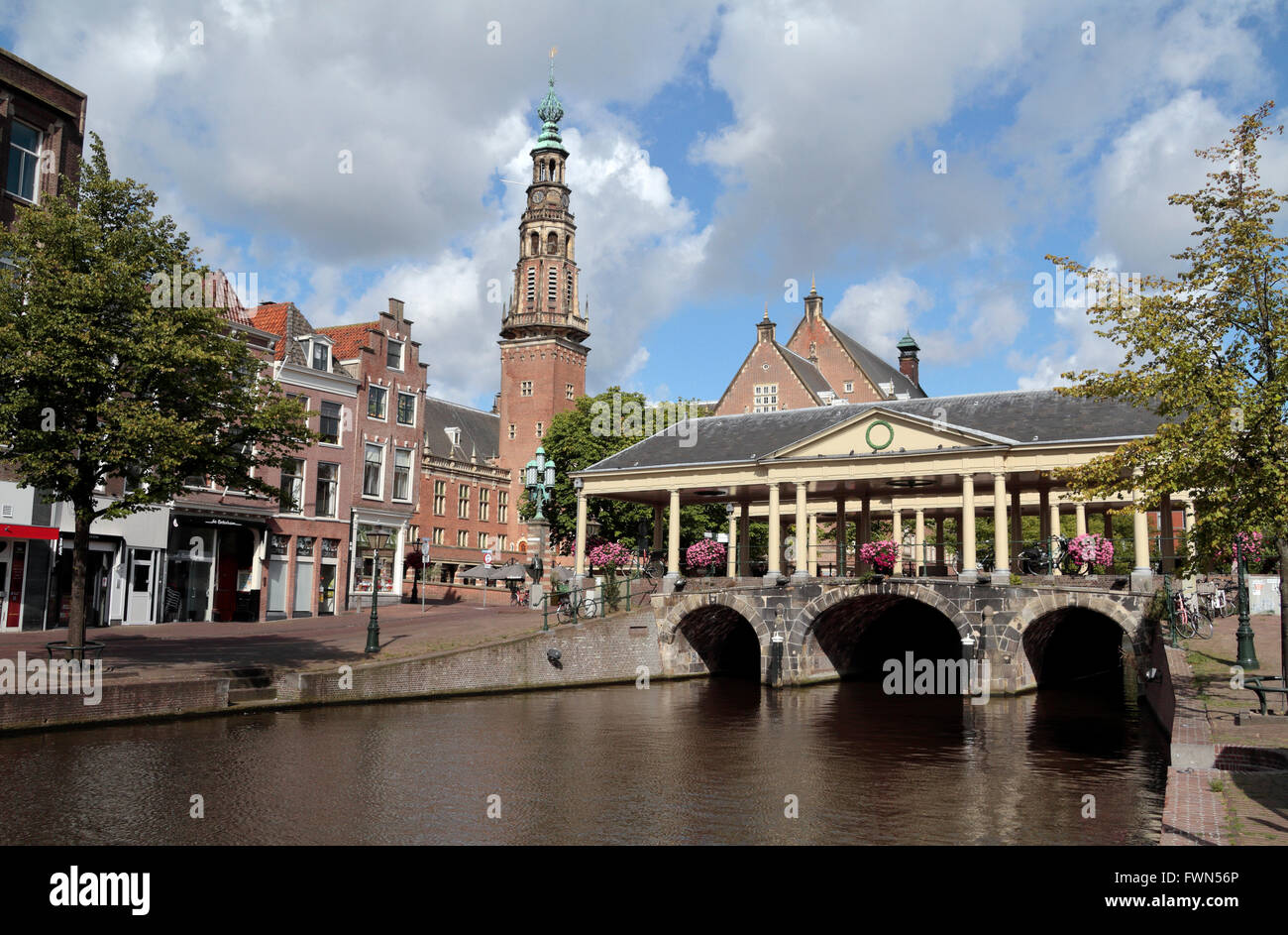 The covered Corn bridge with the town hall, Leiden, South Holland ...