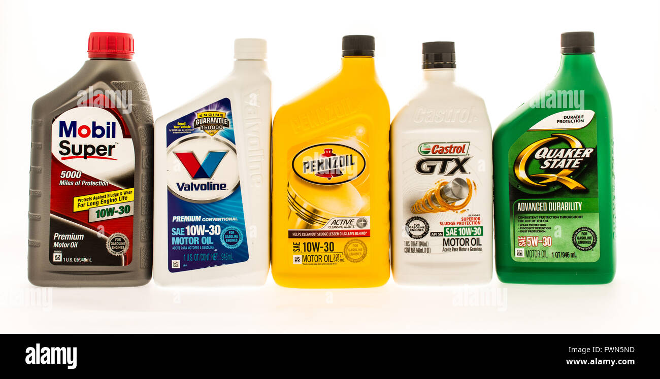 winneconne, WI - 19 August 2015:  Five bottles of different brands of motor oil. Stock Photo