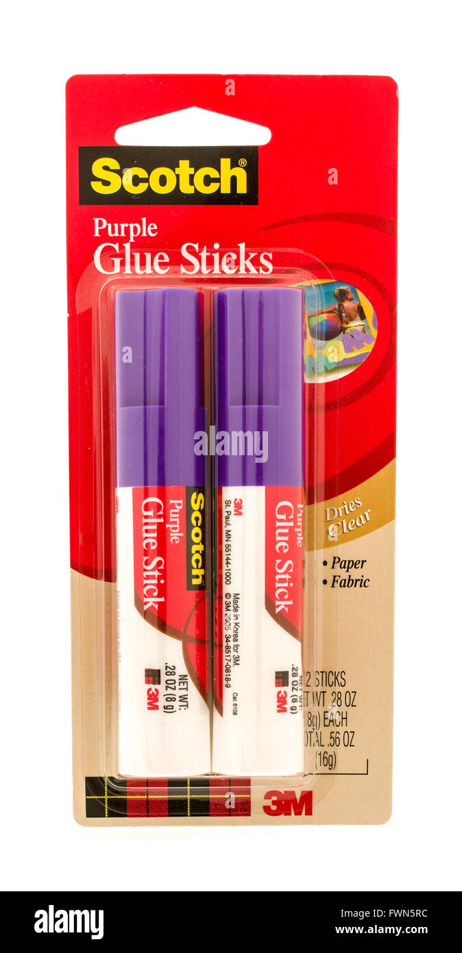 Winneconne, WI - 27 Sept 2015:  Package of purple glue sticks made by Scotch which is owned by 3M. Stock Photo