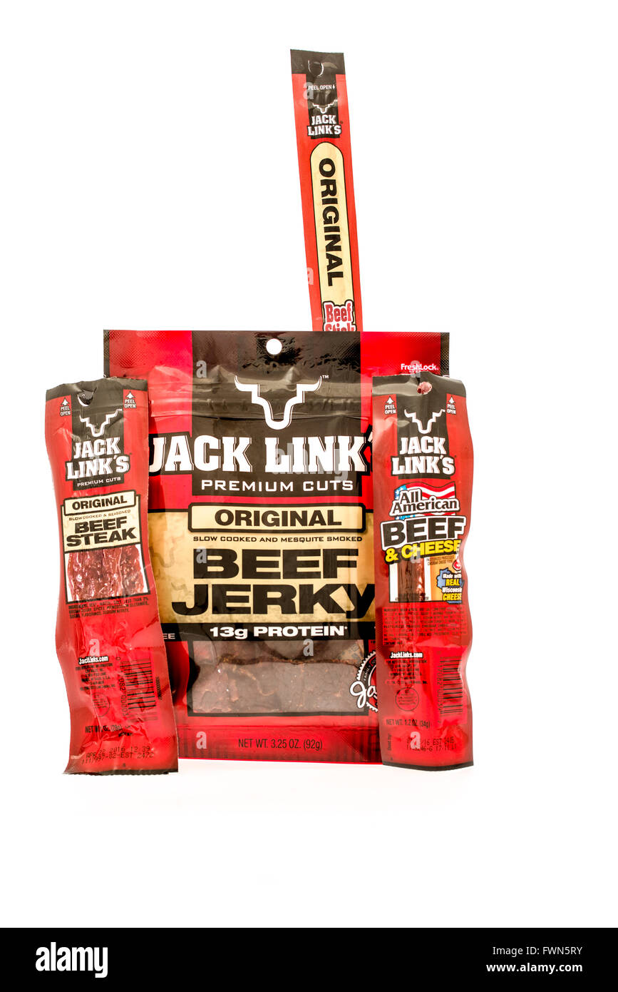 Winneconne, WI - 25 August 2015: Assortment of Jack Link's beef products. Stock Photo