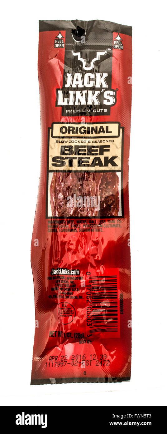 Winneconne, WI - 25 August 2015: A stick of Jack Links beef steak in original flavor Stock Photo