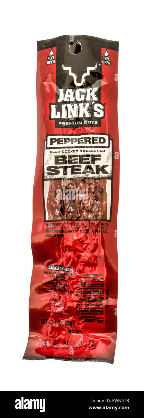 Winneconne, WI - 25 August 2015: A stick of Jack Links beef steak in peppered flavor Stock Photo