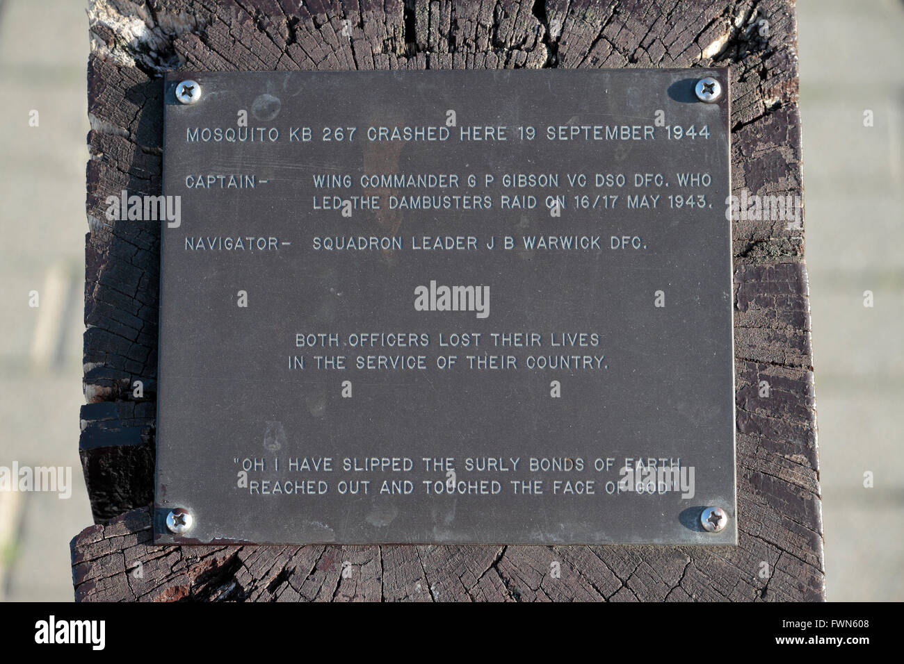 Memorial plaque at the site of the crash which killed the WWII RAF pilot, Wing Commander Guy Gibson, Steenbergen Holland. Stock Photo