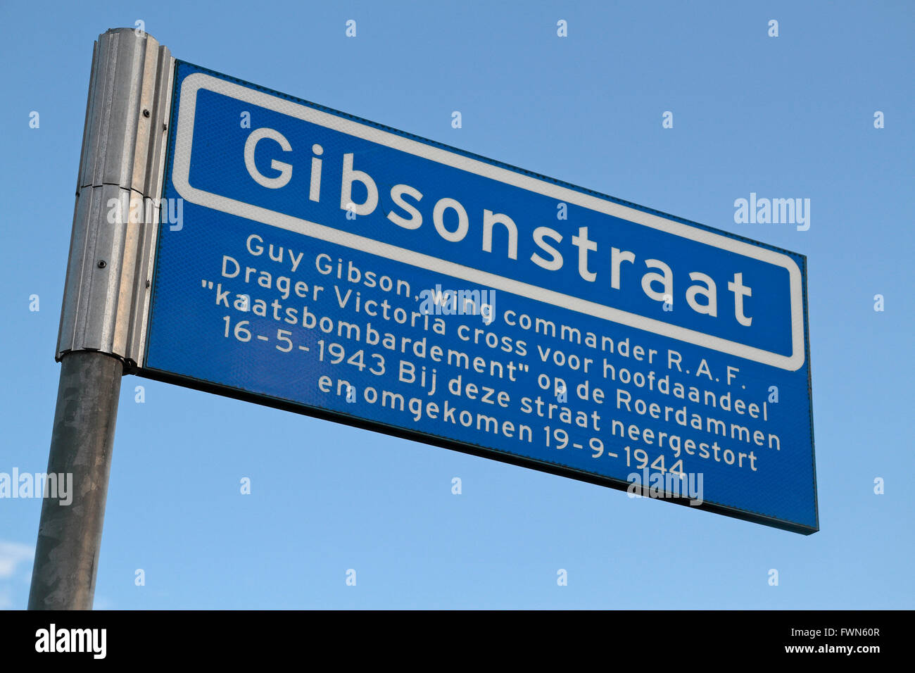 Street name sign close to the site of the crash which killed the WWII RAF pilot, Wing Commander Guy Gibson, Steenbergen Holland. Stock Photo