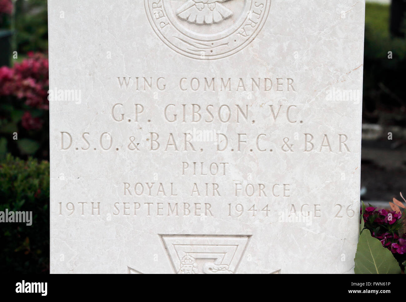 The grave of World War II RAF pilot, Guy Gibson in Steenbergen, Netherlands, (buried beside his navigator, Jim Warwick). Stock Photo