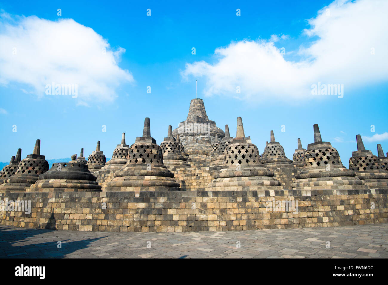 Main dome of Borobudur surrounded by perforated stupas on the circular platform. Stock Photo