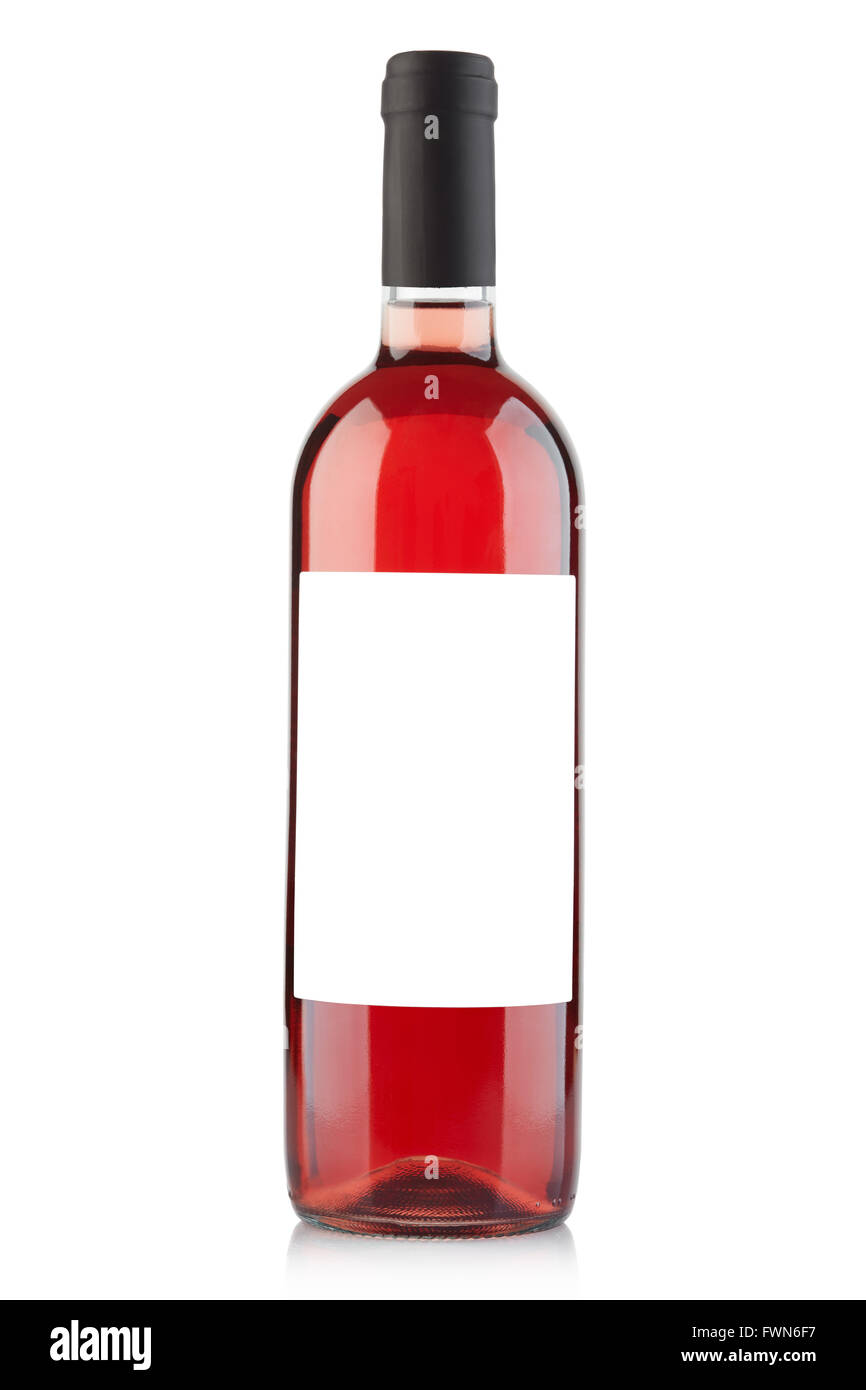 Rose wine bottle with blank label on white, clipping path Stock Photo