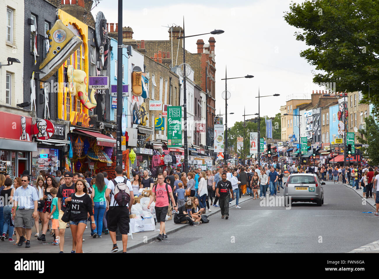 Camden Town colorful shops, street with people in London Stock Photo