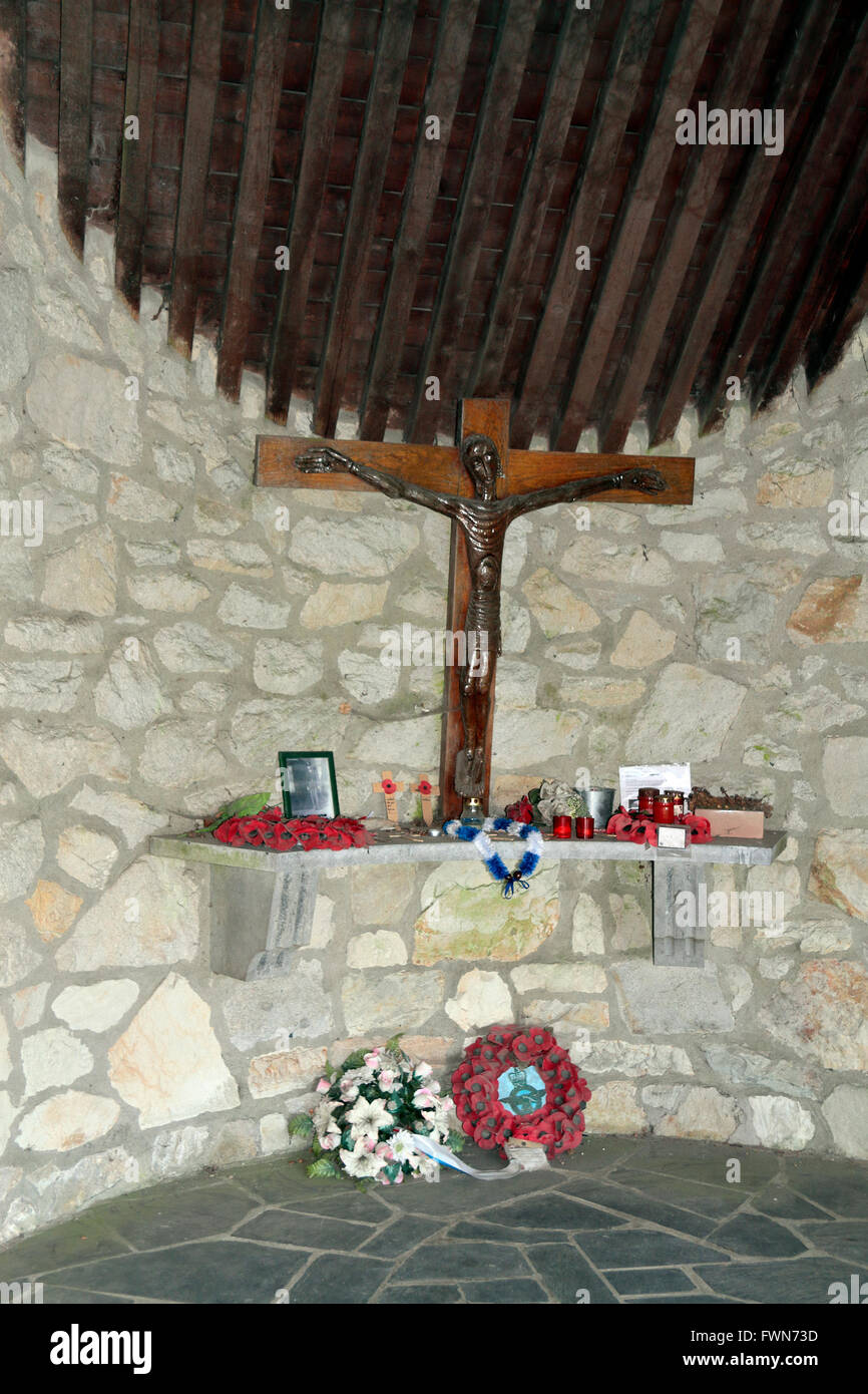 Cross in the small chapel, on the memorial site to the Malmedy Massacre, Baugnez, near Malmedy, Belgium. Stock Photo