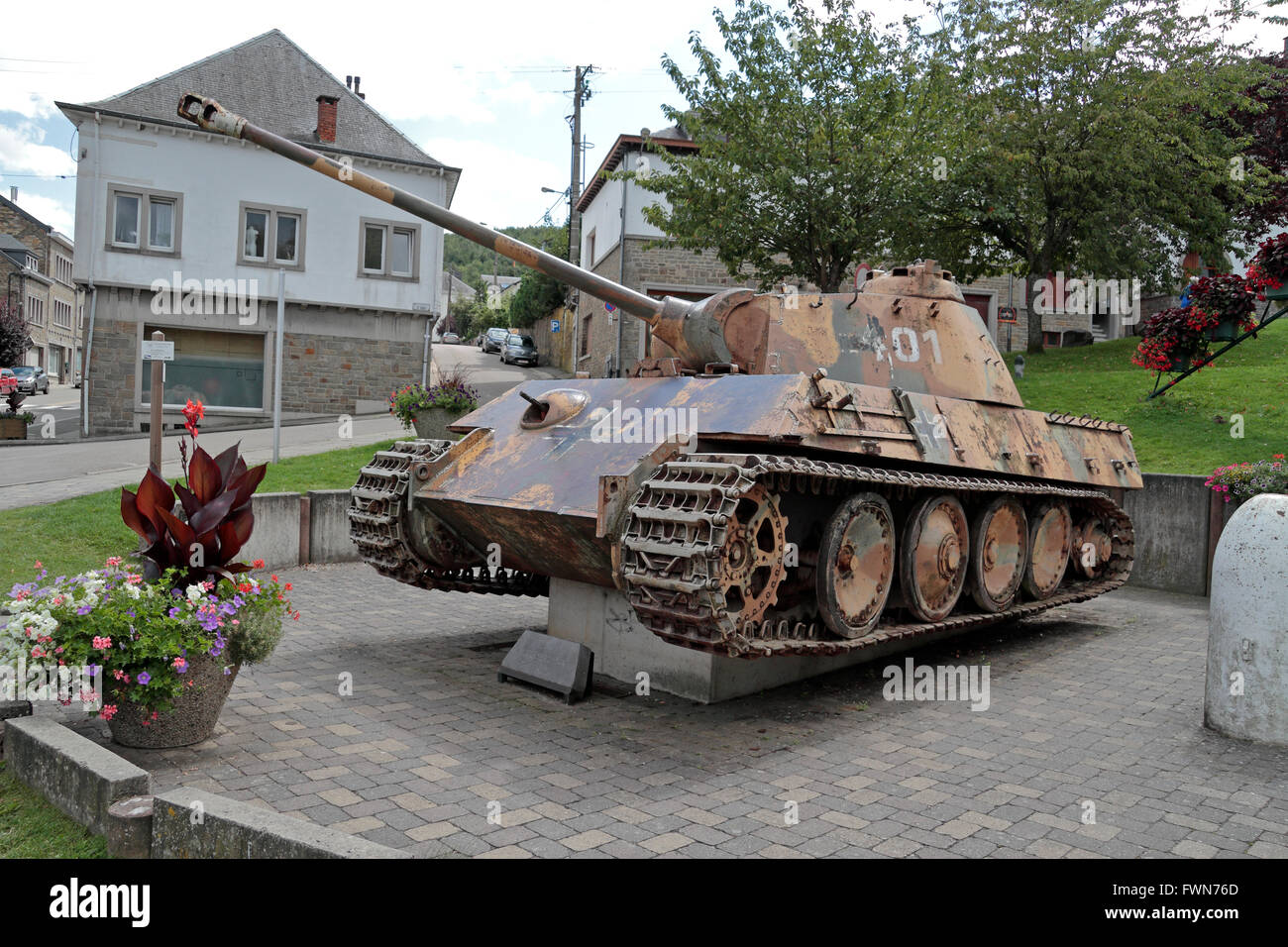A German Panzer V tank in Houffalize, Belgium. Stock Photo