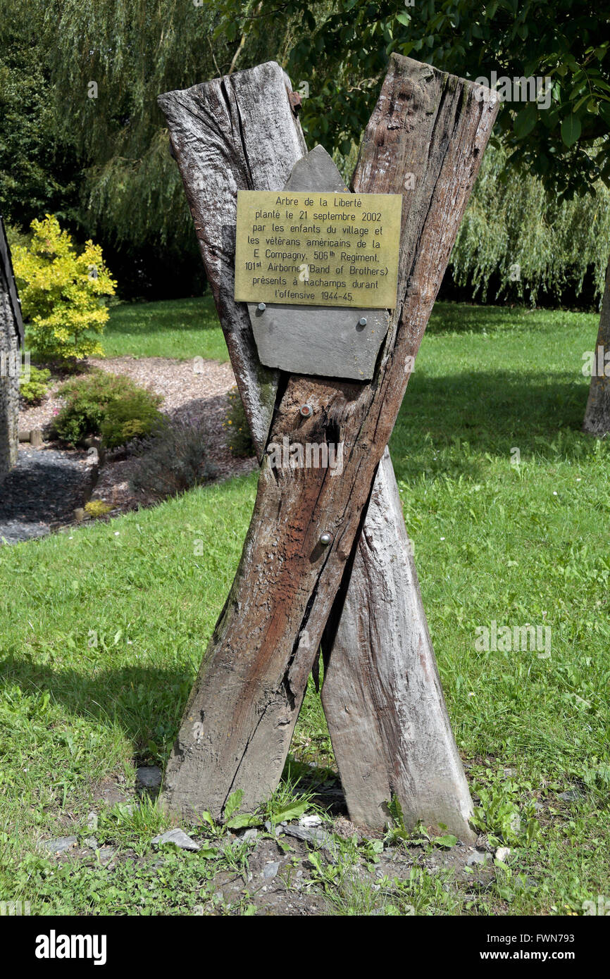 Memorial to Easy Company of the 506th PIR of the 101st Airborne Division in Rachamps, Belgium. Stock Photo