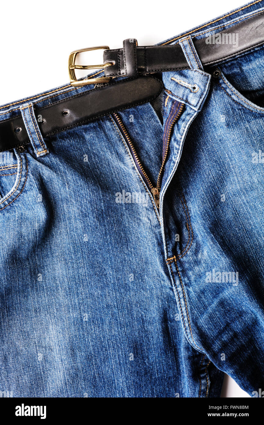 Denim jeans with belt and open fly Stock Photo - Alamy