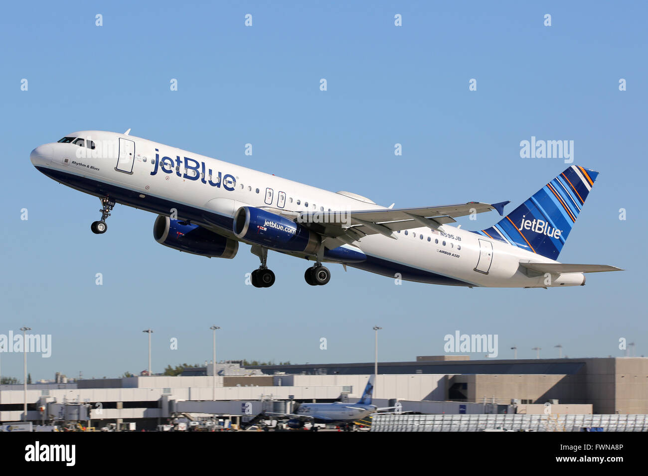Fort Lauderdale, United States - February 17, 2016: A Jetblue Airways Airbus A320 with the registration N595JB taking off from F Stock Photo