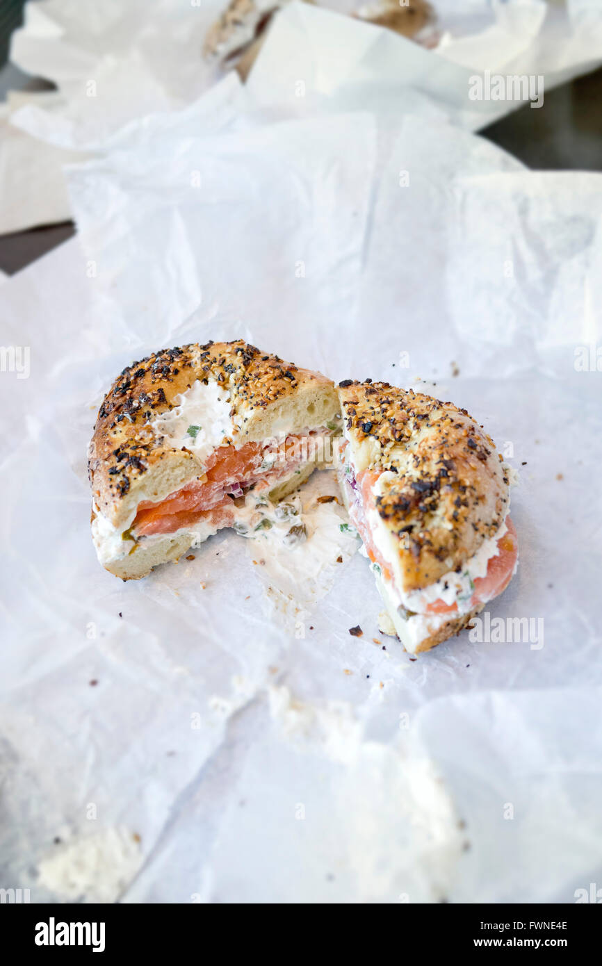 Black Seed Bagel with smoked salmon and cream cheese schmear NYC Stock