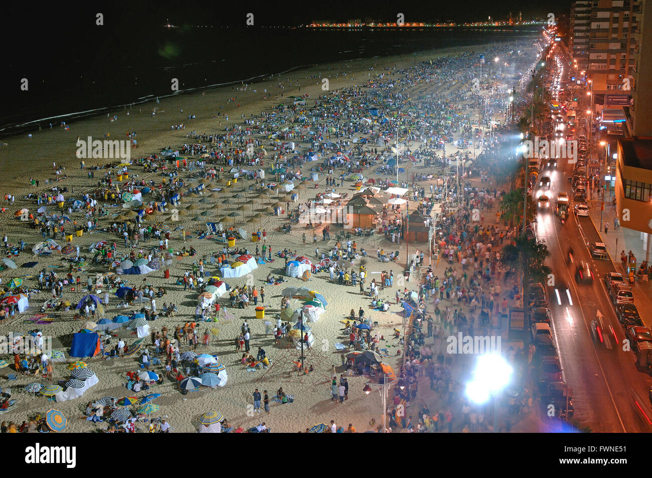Popular barbecue in The Victoria beach at night,  Cadiz, Region of Andalusia, Spain, Europe Stock Photo