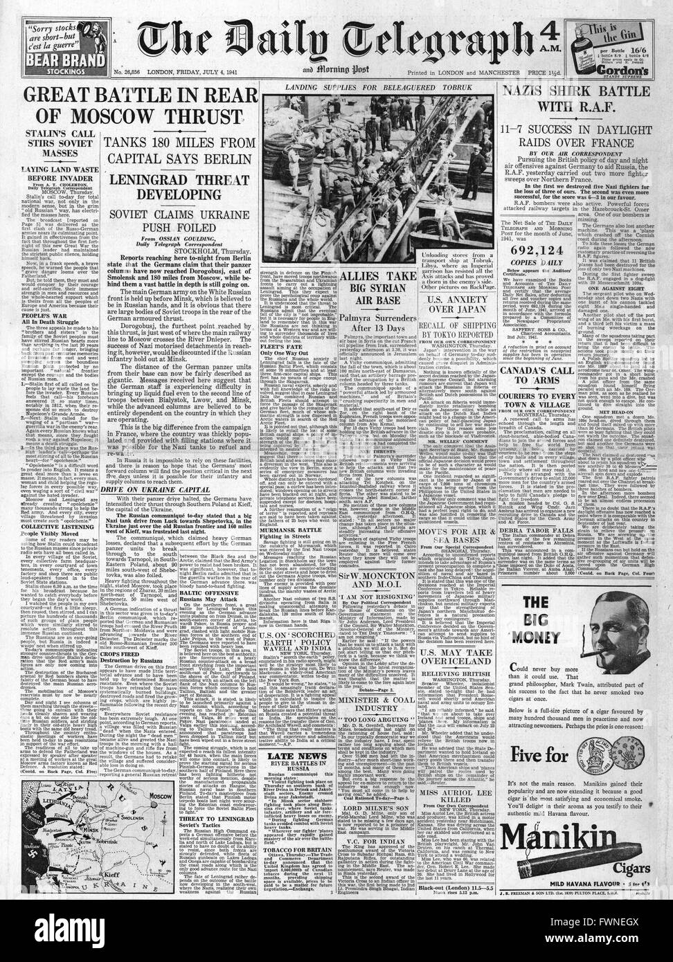 1941 front page Daily Telegraph Battle for Russia and Palmyra falls to British Forces Stock Photo