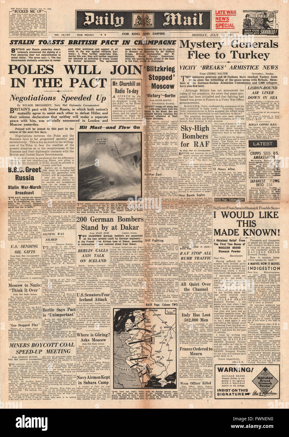 1941 front page Daily Mail Poland to join Soviet / Britain Pact Stock Photo