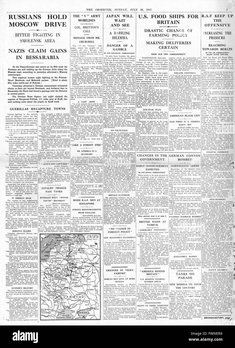 1941 page 5 The Observer Russian Army hold German Advance and U.S. Food Ships for Britain Stock Photo
