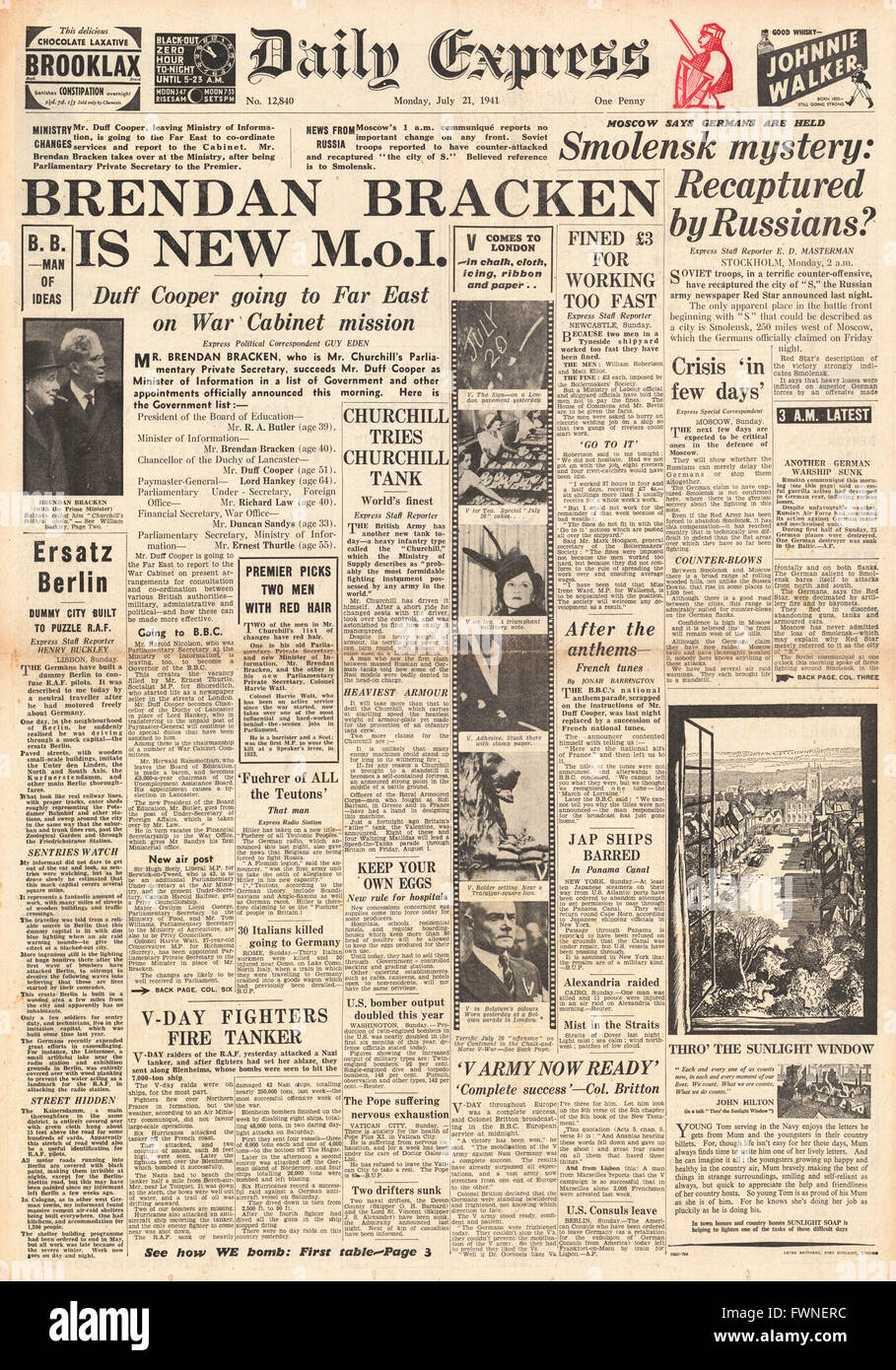 1941 front page Daily Express Brendan Bracken is new Minister of Information in Cabinet re-shuffle Stock Photo