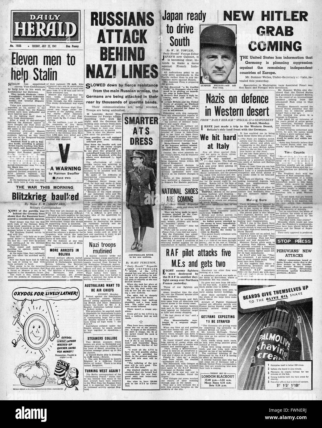 1941 front page Daily Herald U.S. Announces new German War plan, Battle Continue in Russia and Director Jean Knox Parades New ATS Uniform Stock Photo