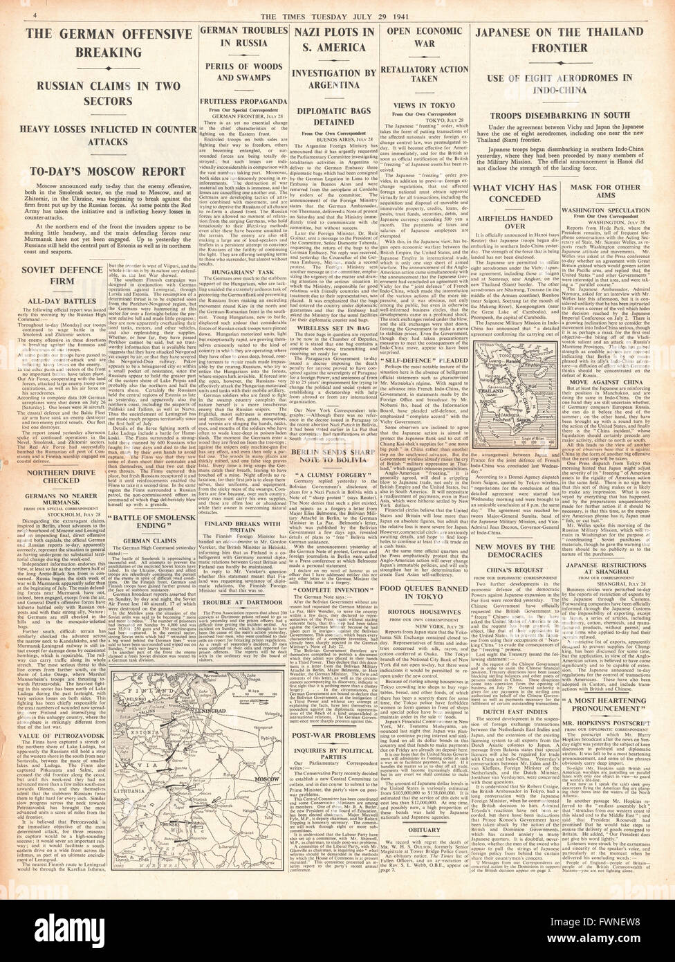 1941 page 4  The Times Moscow Claim German Offensive Breaking and Japanese Forces on Border of Thailand Stock Photo